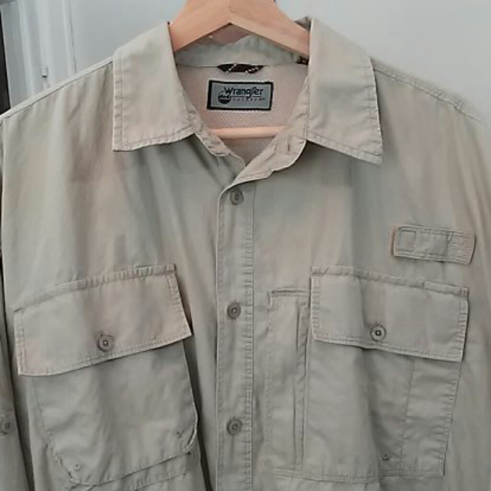 Vintage Wrangler Outdoor XL 100% Cotton Tan Hiking/Fishing Summer Shirt